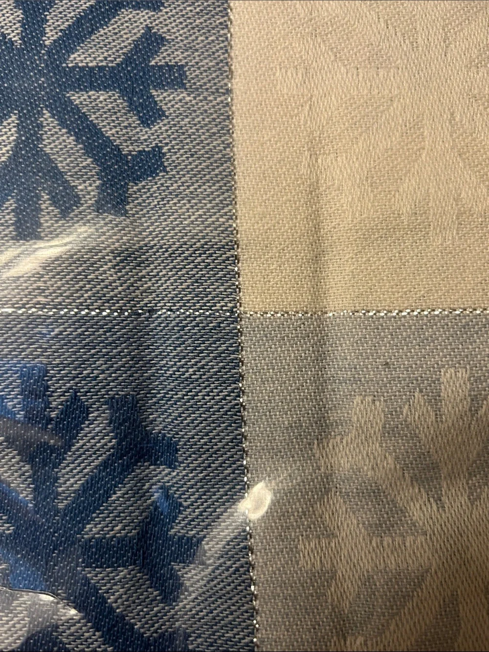 Oblong 60” by 128” Blue and White Snowflake Tablecloth